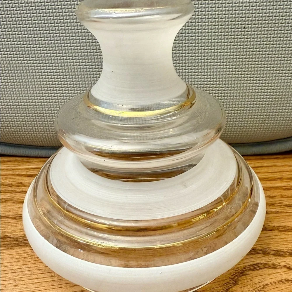 Elegant mid-century clear and frosted glass jar with gold accents.